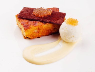 molecular cuisine. Ice cream, applesauce caviar and casserole