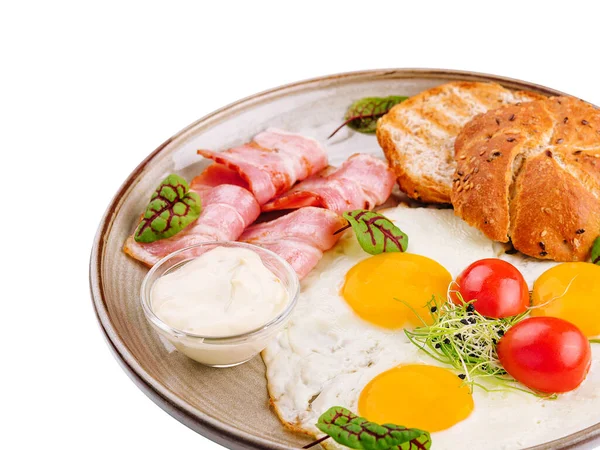 Plate Breakfast Fried Eggs Bacon Toasts Isolated White — Stock Fotó