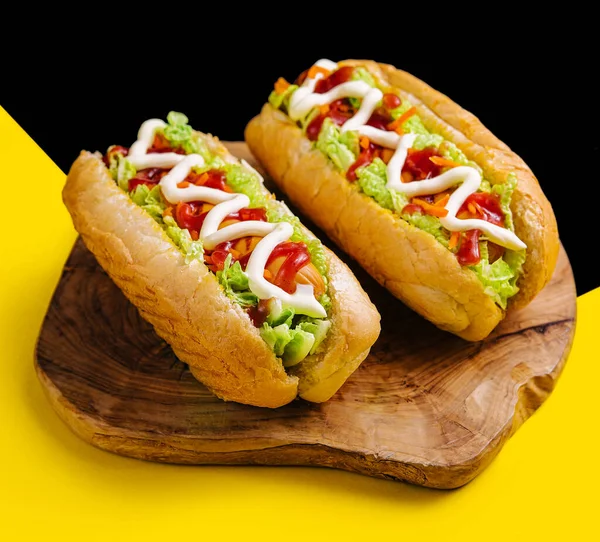 Two Delicious Hotdogs Wooden Board — Foto de Stock