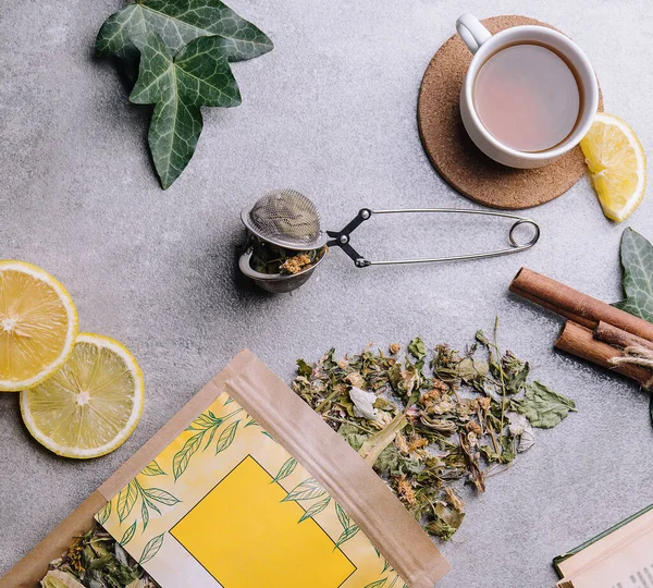 Cup Tea Lemon Slices Tea Packaging — Stockfoto