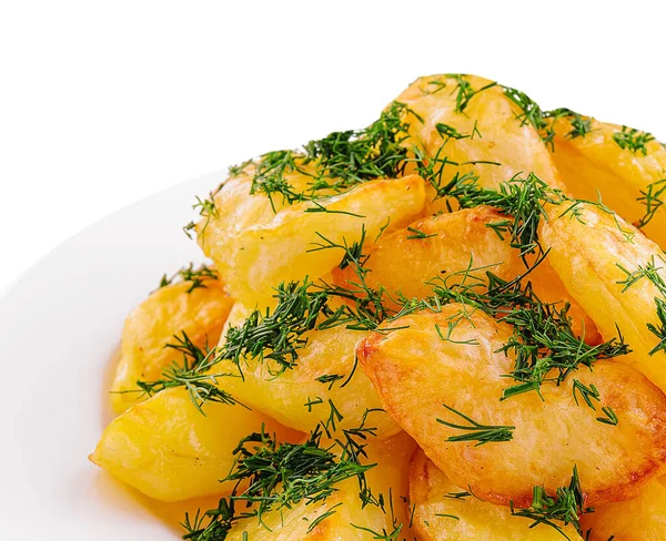Fried Potato Slices Dill Plate — Stock Photo, Image