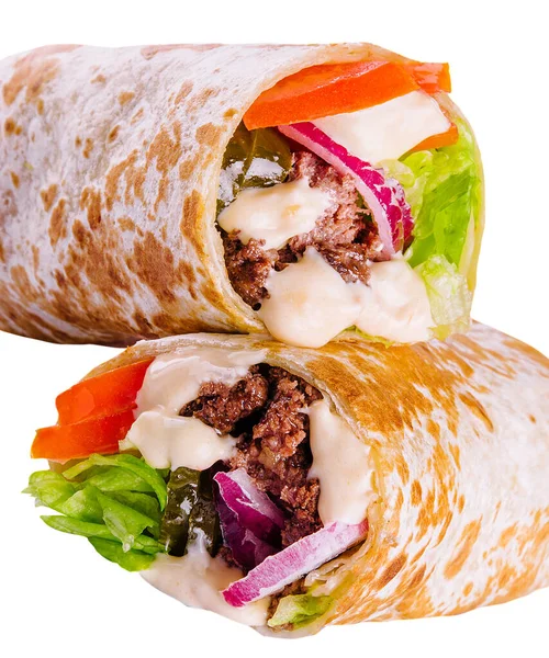 Shawarma Beef Vegetables Isolated White — Stockfoto