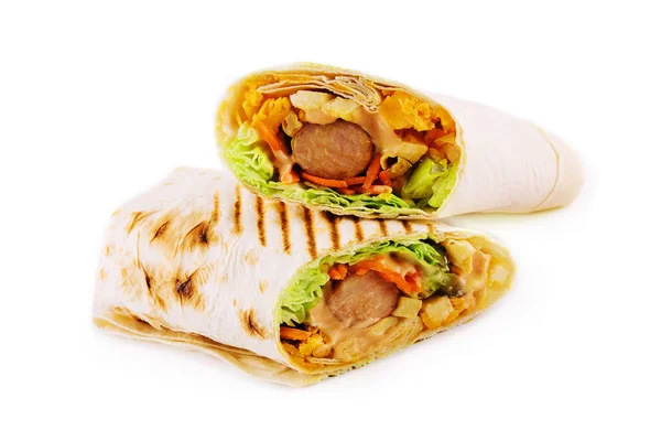 Spicy Sausages Pita Bread Isolated White — 图库照片