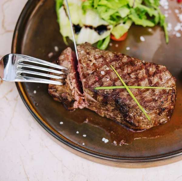 Piece Steak Cut Fork Knife — Foto Stock