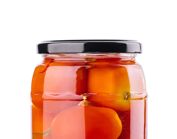 Gepekelde Tomaten Glazen Pot Witte Achtergrond — Stockfoto