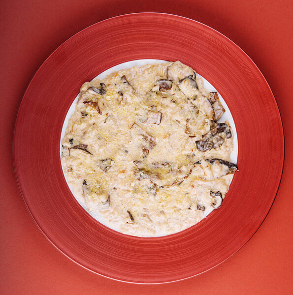 italian baked eggplant parmesan on red plate