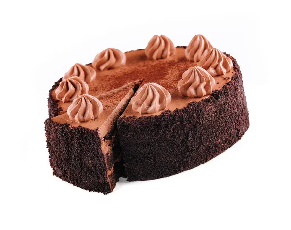 Chocolate Cake Chocolate Fudge Drizzled Icing Chocolate Curls Isolated — Foto de Stock