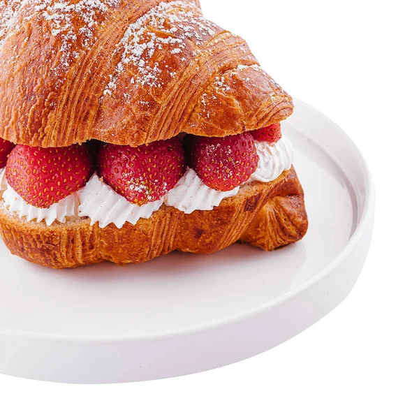 Strawberry Fresh Cream Croissant Plate — Stock Photo, Image