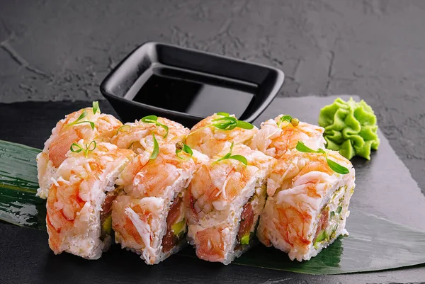 Fresh Sushi Rolls Shrimp Stand Soy Sauce — Stok fotoğraf
