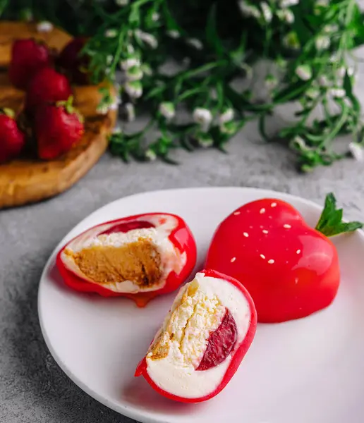 stock image Mousse cake Strawberry on white plate