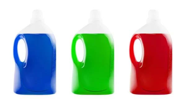 塑料瓶中的蓝色 绿色和红色液体肥皂或清洁剂 — 图库照片