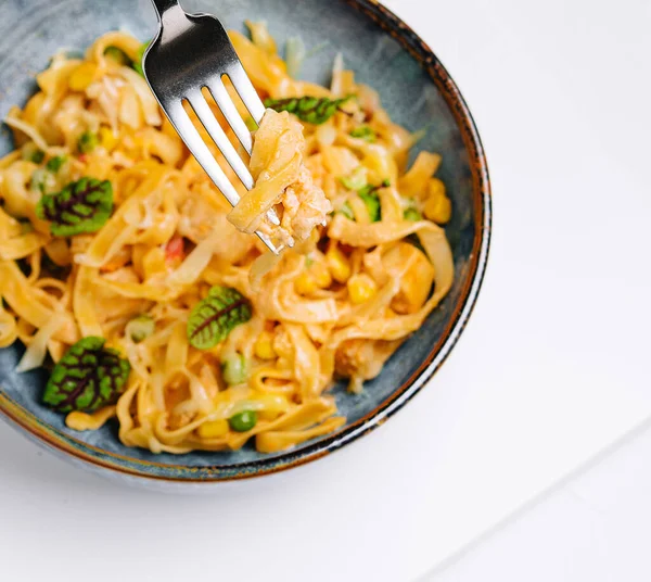 stock image Italian spaghetti on fork close up