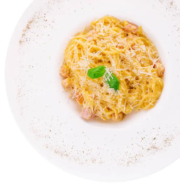Carbonara Pasta Isolated White Top View — Zdjęcie stockowe