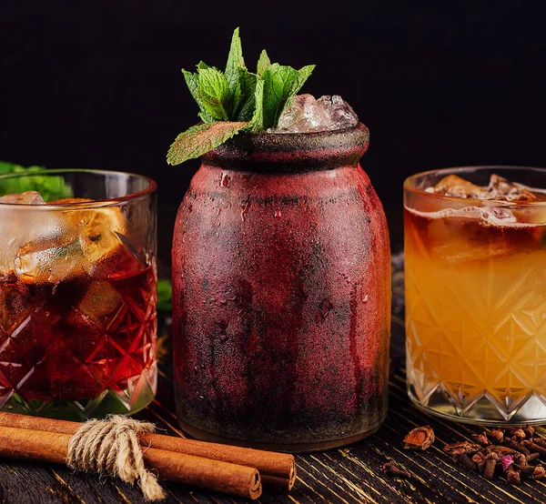 Three Different Alcoholic Cocktails Old Fashioned Glasses — Φωτογραφία Αρχείου