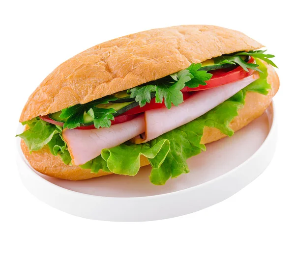 Смачний Бутерброд Шинки Ізольований Білій Тарілці — стокове фото