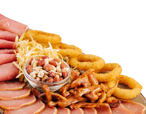 Dried Beef Fried Pig Ears Onion Rings Calamari Nuts Plate — Stockfoto