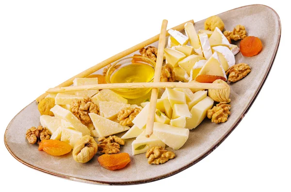 Cheese Plate Walnuts Honey Stock Picture