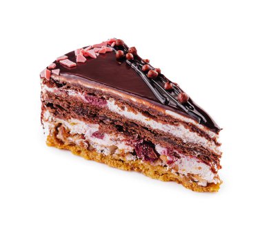 Piece of delicous chocolate cake with sour cherries