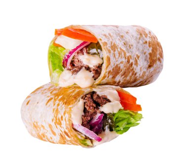 shawarma with beef and vegetables isolated on white