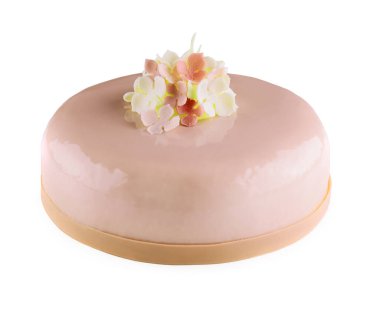 Pink mousse cakes decorated on white plate