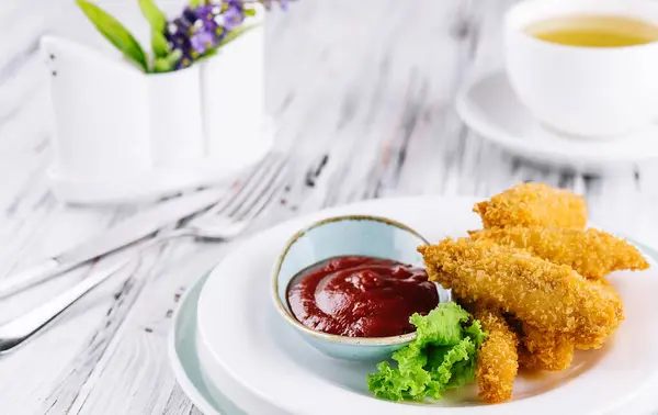 Fried Chicken Nuggets Ketchup Plate — Zdjęcie stockowe