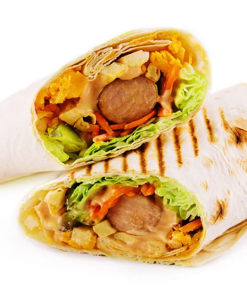 Spicy Sausages Pita Bread Isolated White —  Fotos de Stock