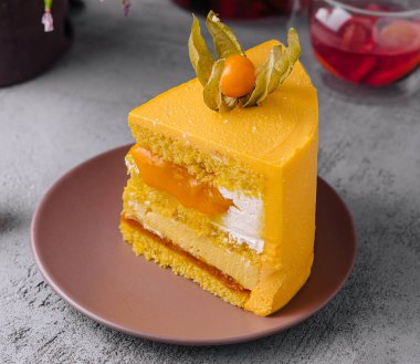 Tasty mango mousse cake and tea