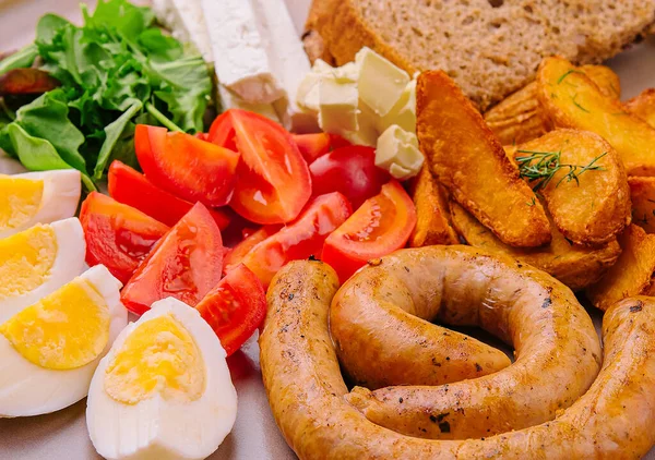 Sausages Boiled Eggs Tomatoes Potatoes Cheese — Foto de Stock