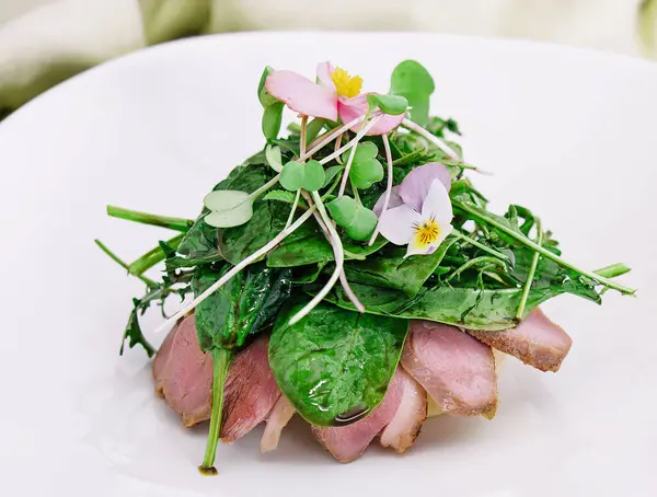 Gourmet Duck Breast Filet Basil Salad — 图库照片