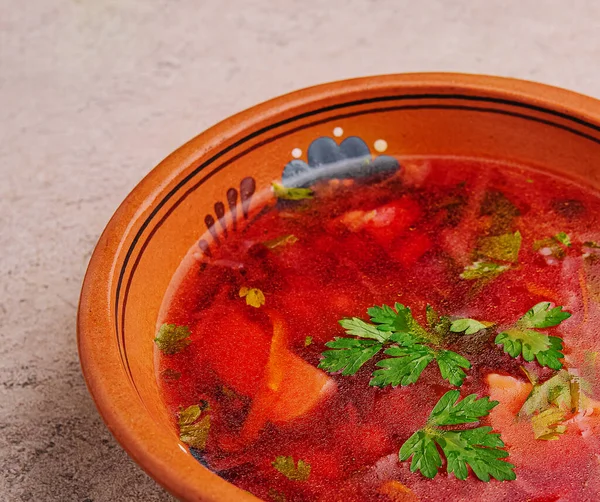 Ukrainian Red Borscht Soup Rustic Bowl — 图库照片