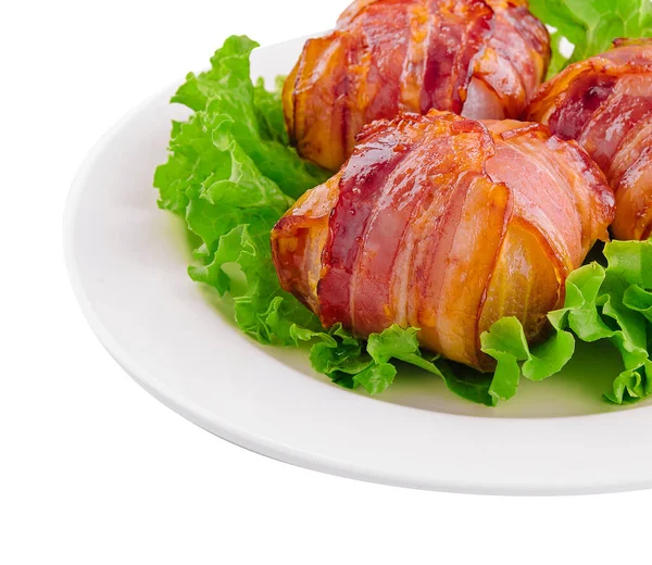 Twisted Rolls Bacon White Plate — стоковое фото