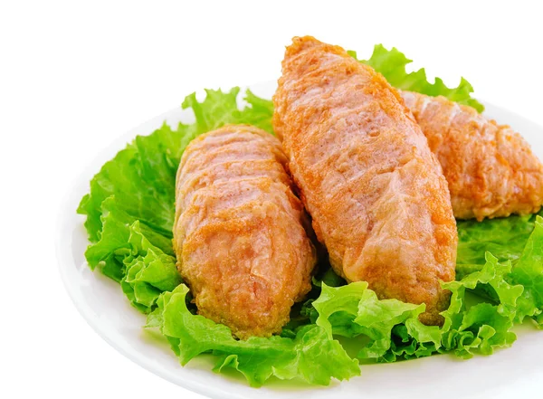 Three Chicken Meatballs Lettuce Leaves — Stock Fotó