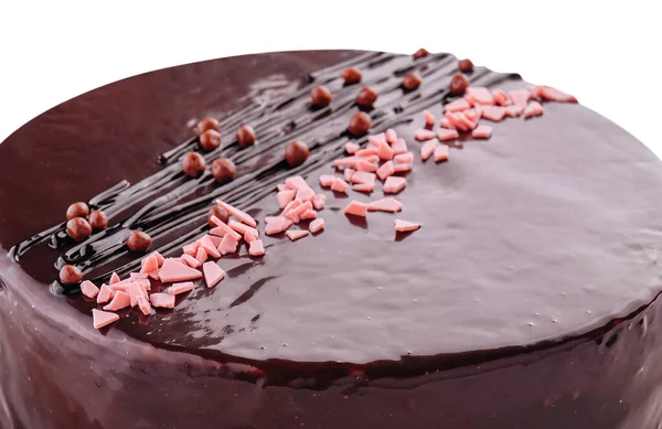 ホワイトプレートにチョコレートをトッピングしたケーキ — ストック写真