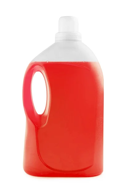 Garrafa Limpa Plástico Cheia Com Detergente Vermelho — Fotografia de Stock