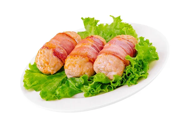 Pork Cutlets Wrapped Bacon White — Stockfoto