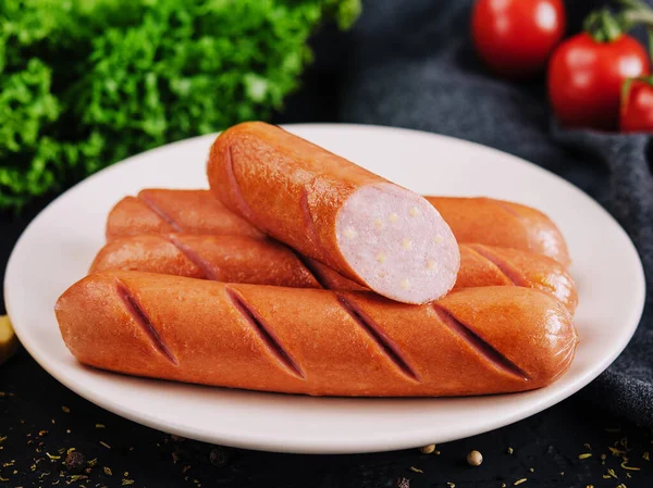 Boiled Sausages Cheese Plate — Stockfoto