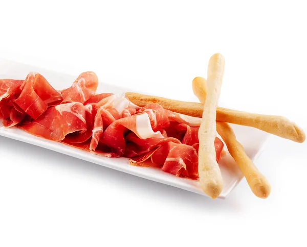 Jamon Serrano Prosciutto Crudo Parma Ham Breadsticks White Plate —  Fotos de Stock