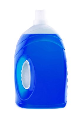 Plastic clean bottle full with blue detergent