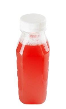 plastic bottle with apple juice on a white