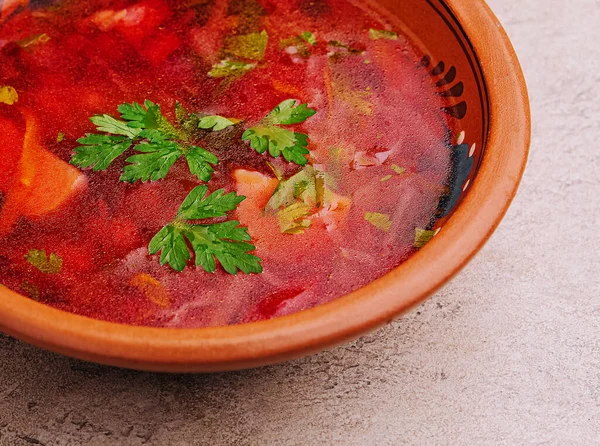 Ukrainian Red Borscht Soup Rustic Bowl — Fotografie, imagine de stoc