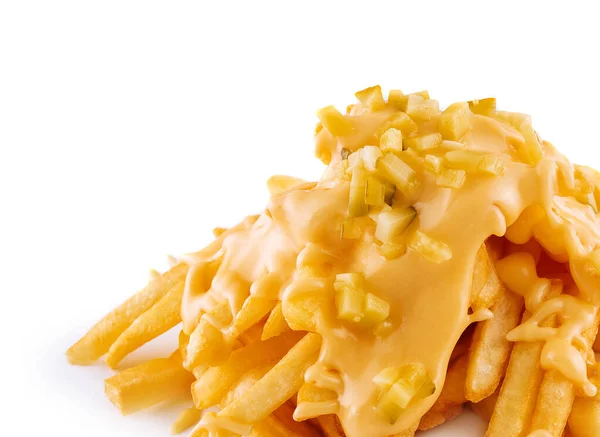 Pouring Cheese Sauce French Fries White Background — Stock Photo, Image