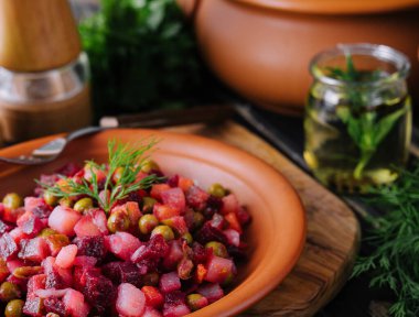 Vinaigrette salad with boiled vegetables closeup