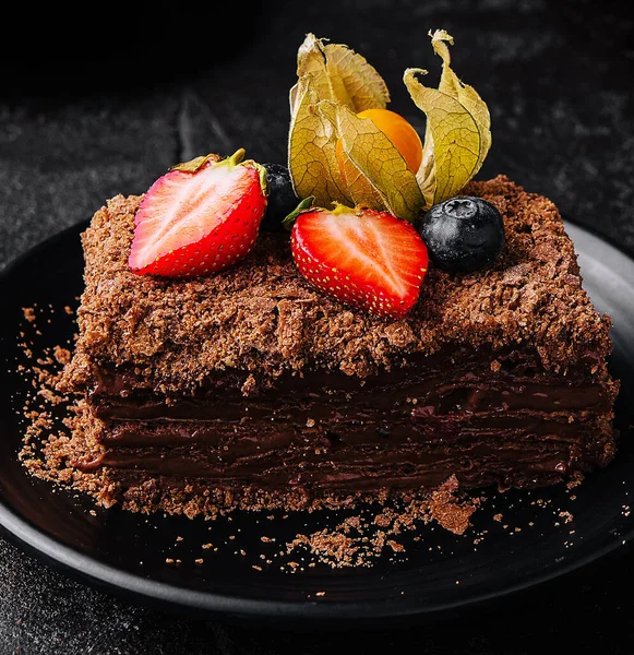 Piece Chocolate Napoleon Cake Close — Stock Photo, Image