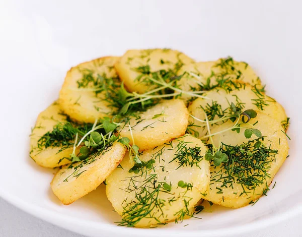 Fried Potato Slices Dill White Plate — Stok fotoğraf
