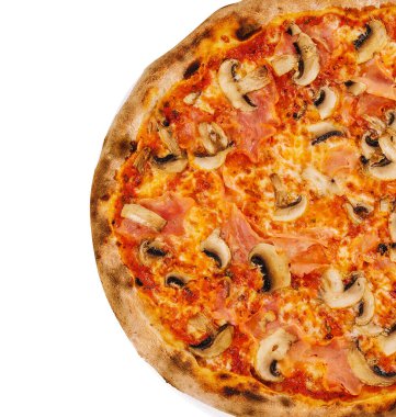 Thin crust italian pizza with tomato sauce, cheese, ham and mushrooms