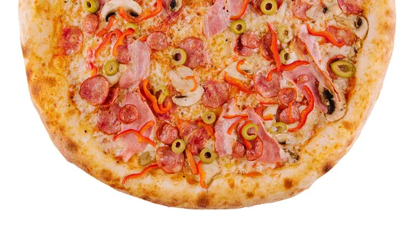 Pizza Com Salsichas Bávaras Cogumelos Branco — Fotografia de Stock