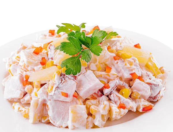 Ham Salad Corn Cheese Tomatoes Bulgarian Pepper Lettuce — Stock Photo, Image