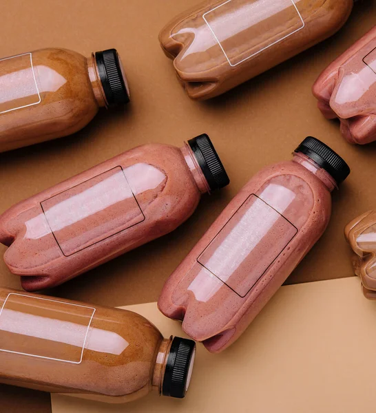 Raspberry Chocolate Smoothie Cocktails Plastic Bottles — Photo