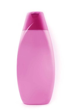 Beyaz üzerine izole edilmiş pembe şampuan şişesi.