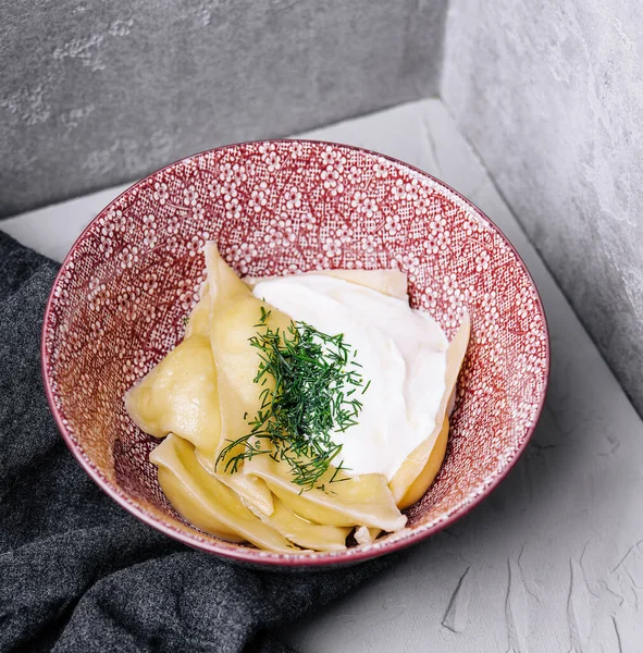 Dumplings Cottage Cheese Sour Cream Plate — Zdjęcie stockowe